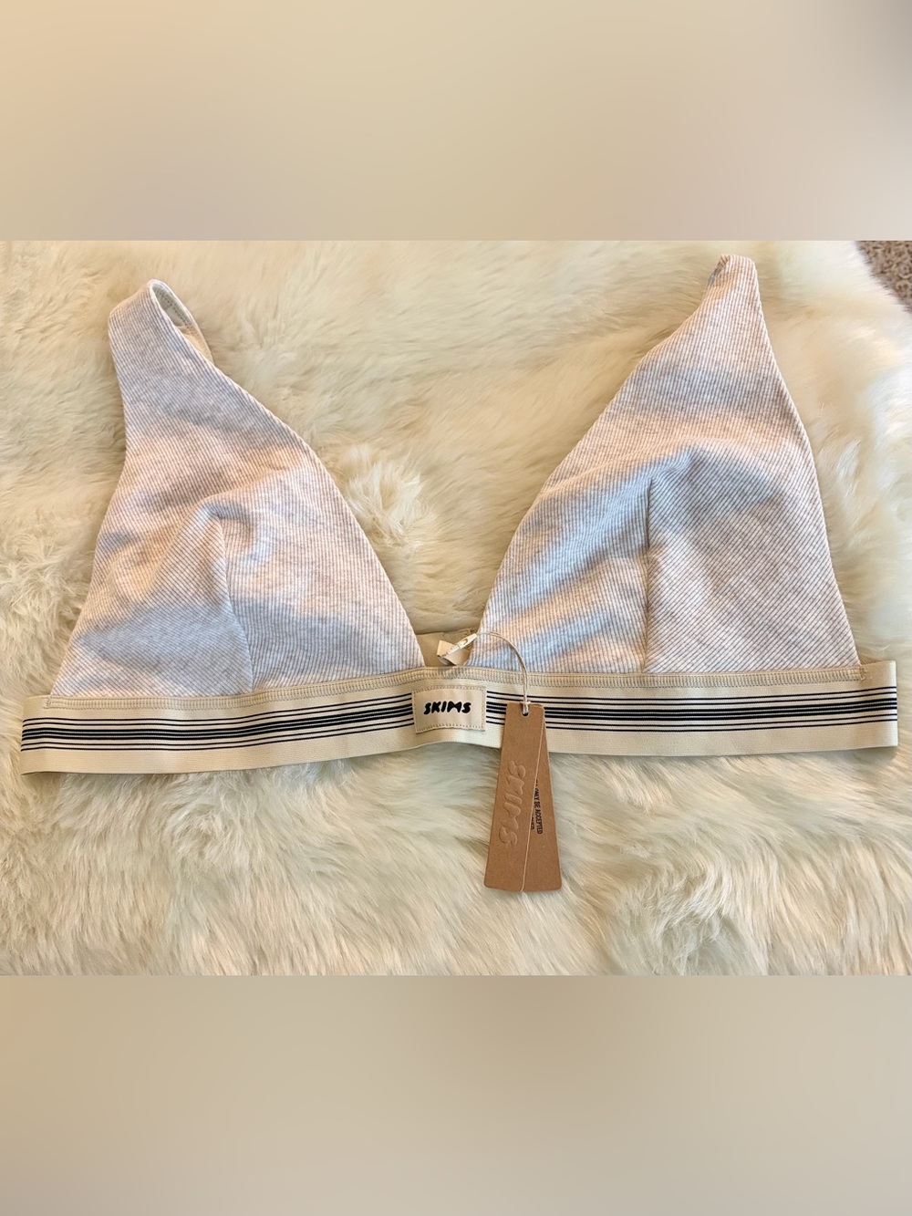 SKIMS Cream Ribbed Triangle Bralette with Striped Elastic Band